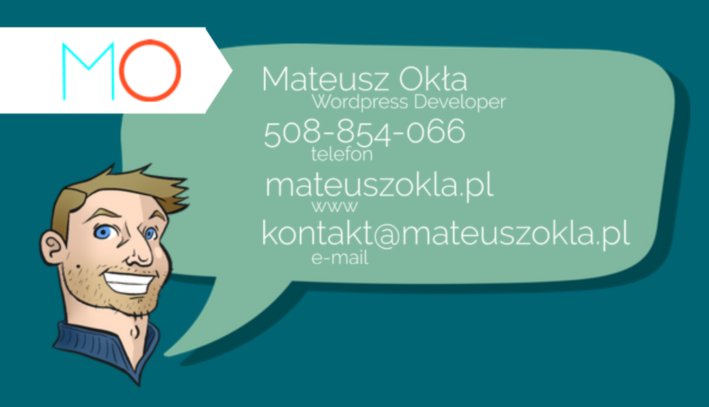 wizytówka Mateusza Okły, telefon 508854066, e-mail: kontakt@mateuszokla.pl